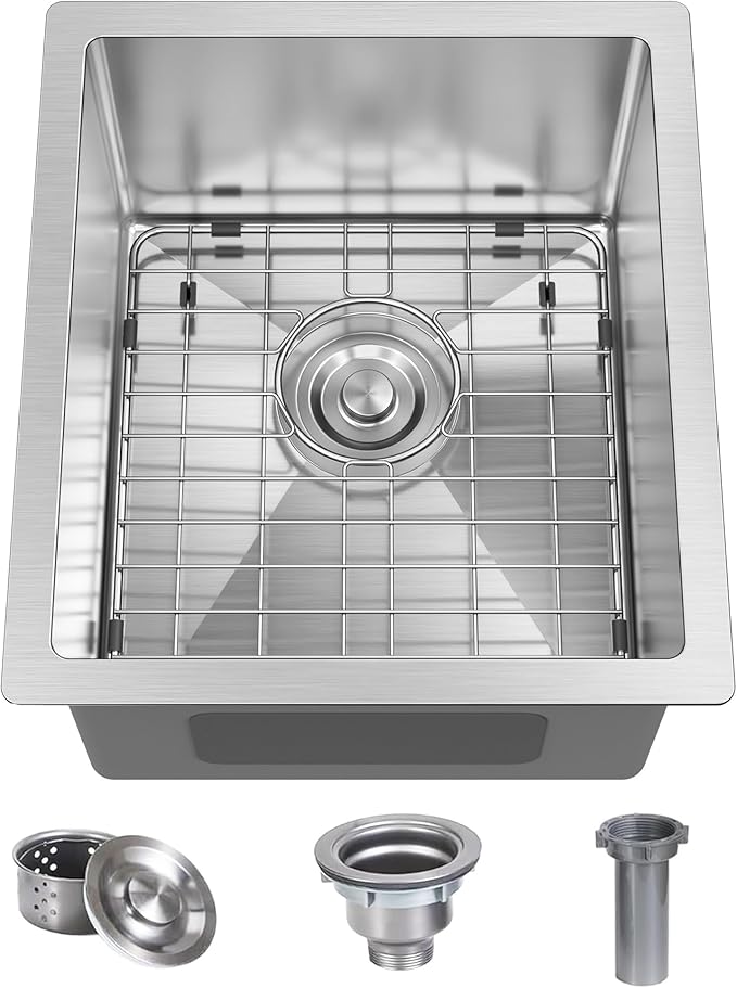15x17 Inch Undermount Bar Sink, 18 Gauge 304 Stainless Steel Small Kitchen Sink for RV, Laundry, Office with Basket Strainer & Anti-Clog Grid