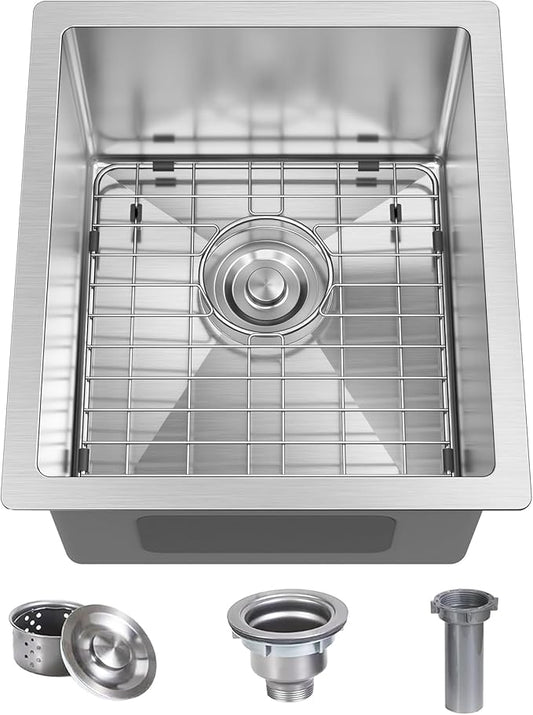 15x17 Inch Undermount Bar Sink, 18 Gauge 304 Stainless Steel Small Kitchen Sink for RV, Laundry, Office with Basket Strainer & Anti-Clog Grid