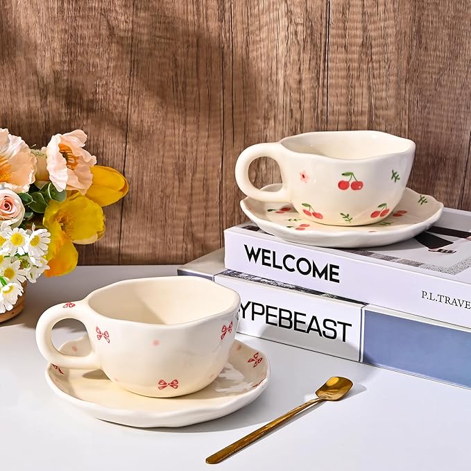 Koythin Ceramic Coffee Mug with Saucers, Handmade Flowers Mugs, Cute Cup for Girl Women, Aesthetic Tea Milk Cup with Handle, 8.5 oz/250 ml for Latte, Cocoa, Office, Home (Blue Flowers)