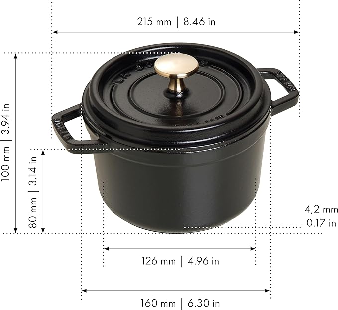 STAUB Cast Iron Dutch Oven 1.25-qt Round Cocotte, Made in France, Serves 1, Matte Black