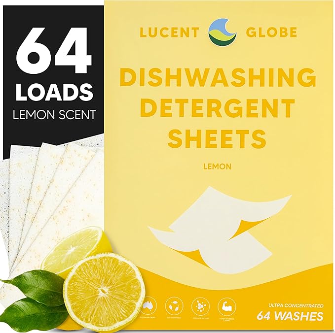 Dishwasher Dishwashing Detergent Sheets, Dish Soap & Dishwashing Tablets Alternative. Plant-Based, Eco-Friendly, Fully Biodegradable, Lemon Scent & Plastic Free Packaging (64 Sheets)