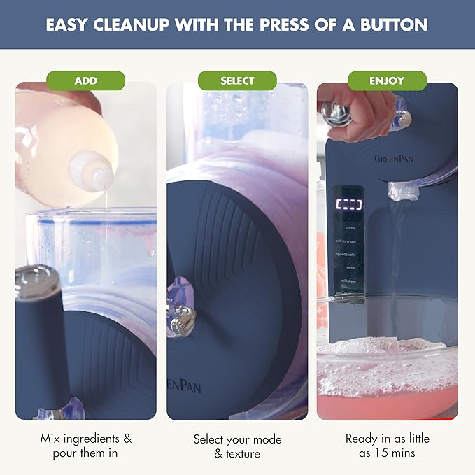 GreenPan Frost Ice Cream Machine & Frozen Drink Maker, Soft Serve, Slushie, Sorbet, Milkshakes & Cocktails, No Freezer Needed, 15-in-1, 7 Textures, Quiet & Rapid, Easy Clean, Family Size, Berry Blue