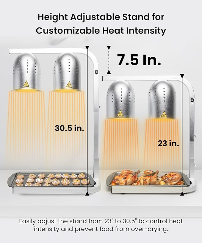 SYBO DL2112 Commercial Grade Food Heat Lamp, Electric 2-Bulb Food Warmer with Adjustable Stand, 500W, Silver