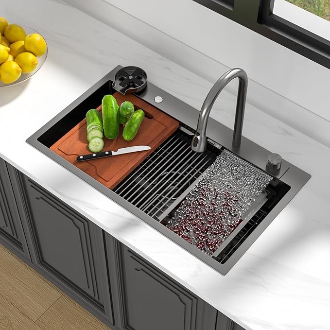 Lordear 33 Inch Black Smart Waterfall Drop In Kitchen Sink With Faucet 33x19 Inch Worktation Topmount Sink 16 Gauge Stainless Steel Single Bowl Ledge Kitchen Sinks Handmade