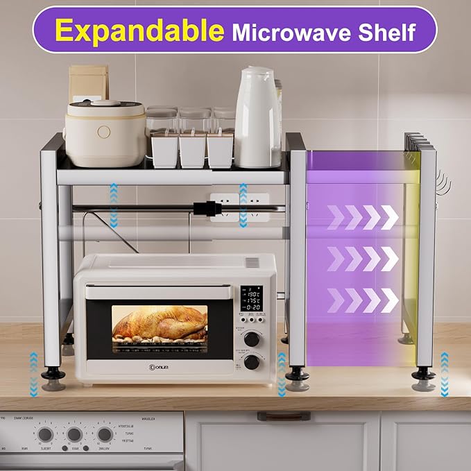 Extendable Microwave Oven Rack, Microwave Shelf Adjustable Over Microwave Stand Countertop 2-Tier Stainless Steel Organizing Rack with 4 Hooks for Kitchen Utensils Tableware Storage
