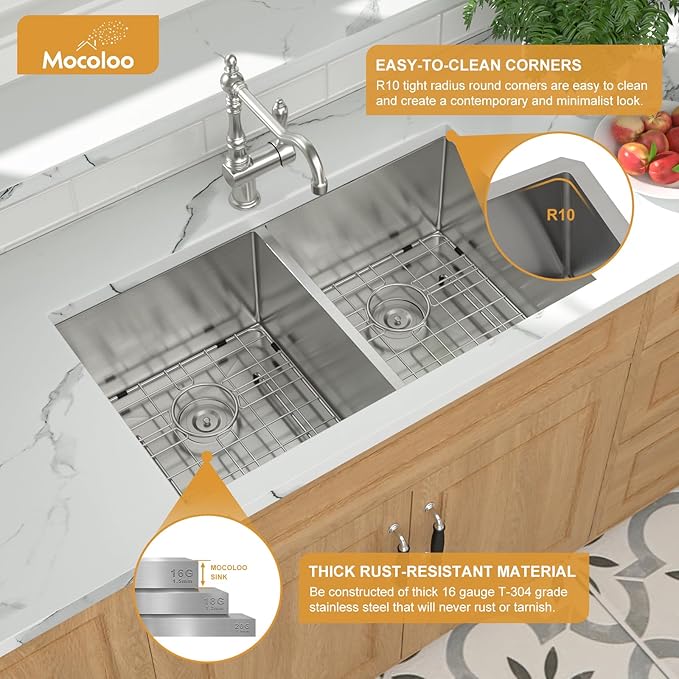 Mocoloo 33 Inch Kitchen Sink Double Bowl 16 Gauge 33 x 19 Stainless Steel Undermount Double Sink 50/50 Two Equal Compartment Under Counter Handmade, 10'' Deep Basin