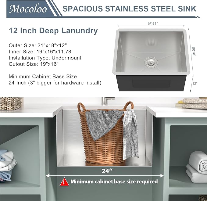 Mocoloo 21 Inch Laundry Sink - 21 x 18 Undermount Utility Sinks 16 Gauge Single Bowl Stainless Steel Utility Sink 12 Inch Deep Laundry Room Sinks Under Counter Seamless Handmade Basin