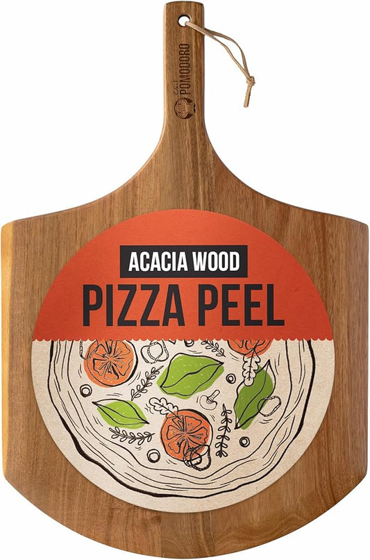 Chef Pomodoro 14-inch Acacia Pizza Peel, Wooden Pizza Peel 14 Inch, Homemade Wood Pizza Peel, Pizza Peel with Handle, Pizza Oven Accessories, Spatula Gourmet