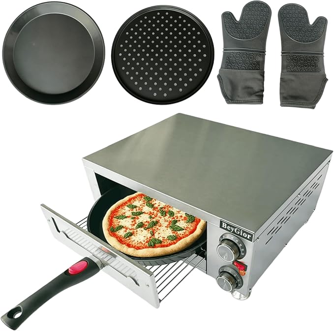 12 Inch Electric Pizza Oven Indoor, Countertop Pizza Oven with Visual Window, Commercial Pizza Maker with Removable Handle, Stainless Steel Pizza Cooker (Silver)
