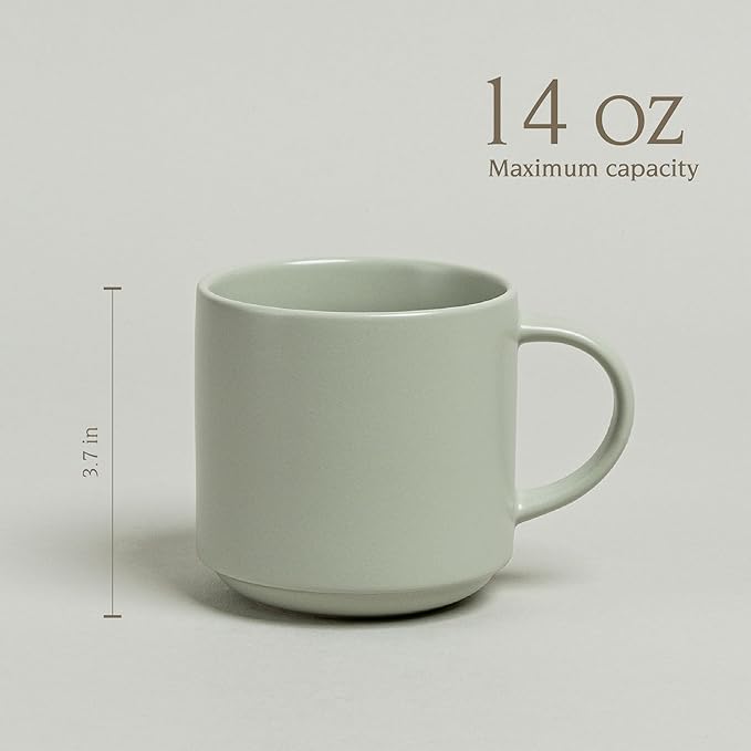 over&back Stackable Stoneware Coffee Mugs - 4-Piece Mug Set - Enjoy the Perfect Cup of Coffee, Tea, Latte, and More - Semi-Matte Sage- 14oz