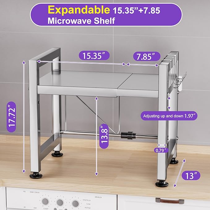 Extendable Microwave Oven Rack, Microwave Shelf Adjustable Over Microwave Stand Countertop 2-Tier Stainless Steel Organizing Rack with 4 Hooks for Kitchen Utensils Tableware Storage