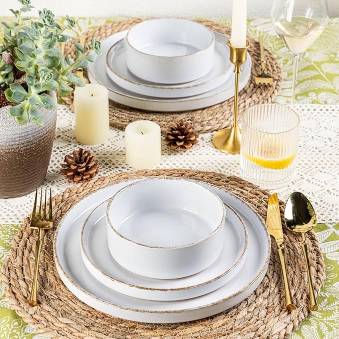 AmorArc Ceramic Dinnerware Sets for 4, 12 Pieces Handpainted Plates and Bowls Set with Rustic Terracotta Underside, Scratch Resistant Stoneware Dishes Set, Dishwasher & Microwave Safe
