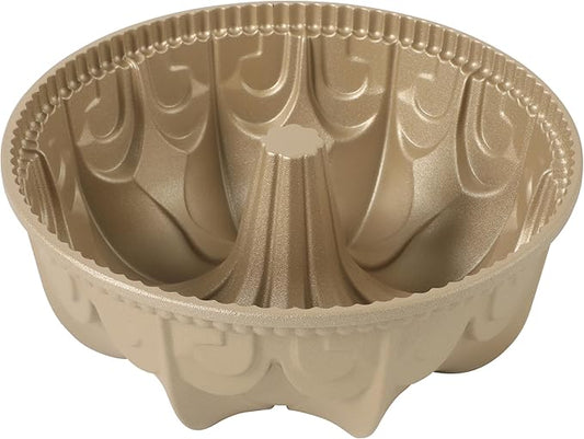 Martha Stewart Dunelle Decorative Fluted Cast Aluminum Bundt Cake Pan – 12-Cup Nonstick Tube Pan, Champagne Gold Bakeware