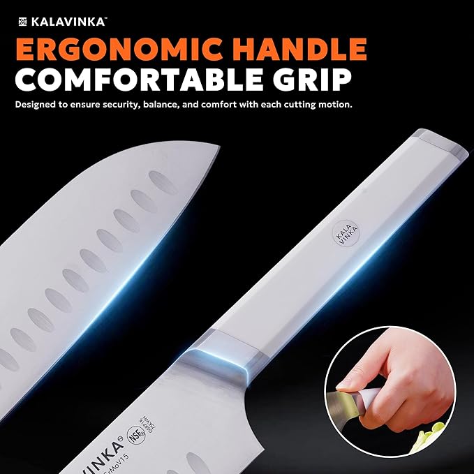 7 Inch All-Purpose Santoku Knife, German X50CrMoV15 Steel, Comfortable Handle, Razor Sharp Edge, Gifted Sheath, Outdoor Cooking (RUPA)