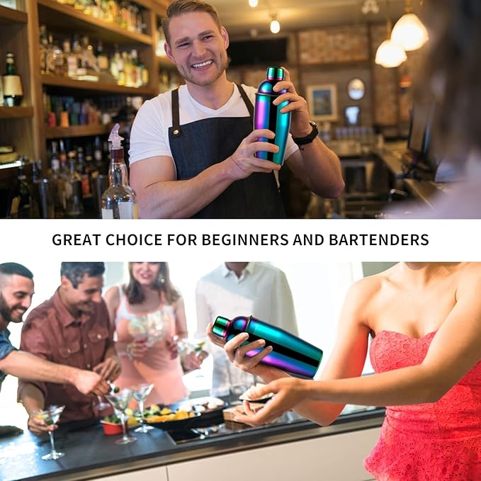 24oz Cocktail Shaker Bar Set, Martini Shaker with Built-in Strainer, Measuring Jigger, Mixing Spoon, Professional Stainless Steel Large Bartender Drink Shaker Margarita Alcohol Mixer-Rainbow