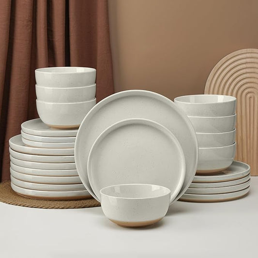 24 Pieces Farmhouse Stoneware Dinnerware Set for 8, Speckled Ceramic Plates and Bowls Set, Matte Terracotta Underside Ceramic Dish Set Scratch Resistant Microwave Dishwasher Safe (Glacier White)