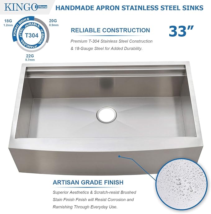 33 Inch 18 Gauge Handmade Stainless Steel Single Bowl Farmhouse Sink, Modern Farm Sink 33 Inch Apron Farmer Sinks for Kitchen Rustic With Accessories