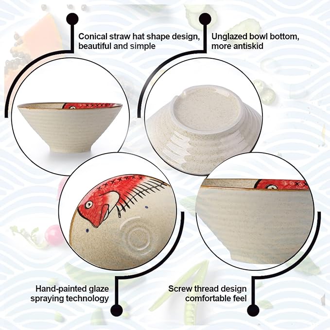 NJCHARMS Ceramic Japanese Ramen Noodle Soup Bowl, 2 Sets (6 Piece) 60 Ounce, with Matching Spoon and Chopsticks for Udon Soba Pho Asian Noodles, Red