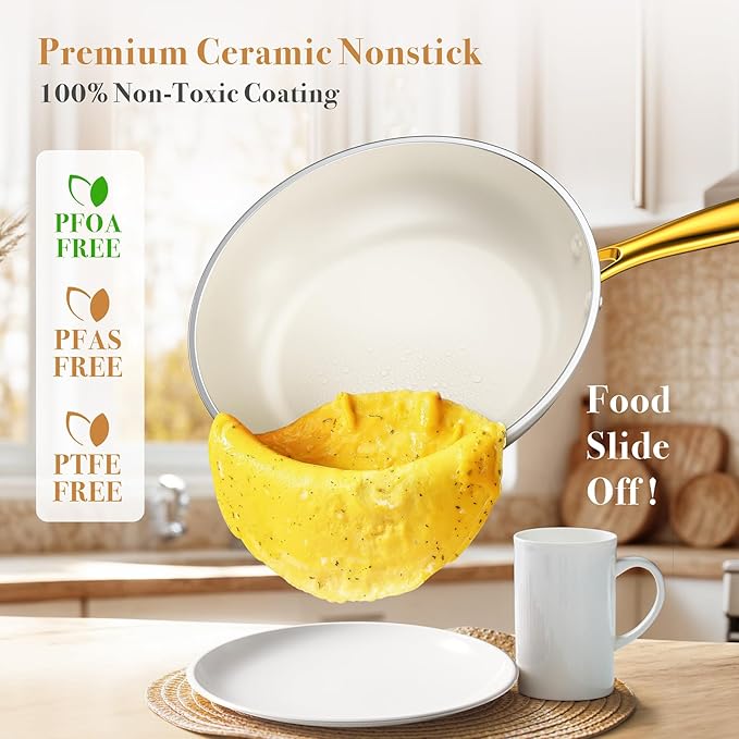 PekGema Ceramic Cookware Set 15-Pieces, Pots and Pans Set Non Stick, Oven Safe Non Toxic, Kitchen Cookware Set, PFOA PTFE FREE, Gold White