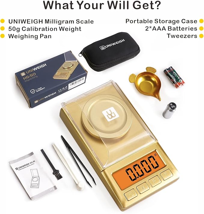 Milligram Scale 50g/0.001g,Portable Jewelry Scale with Cal Weight,LCD Backlit, Tare, High Precision Mini Carat Gram Scale for Powder Medicine,Jewelry,Gem,Reloading,Professional Smart Mg Scale