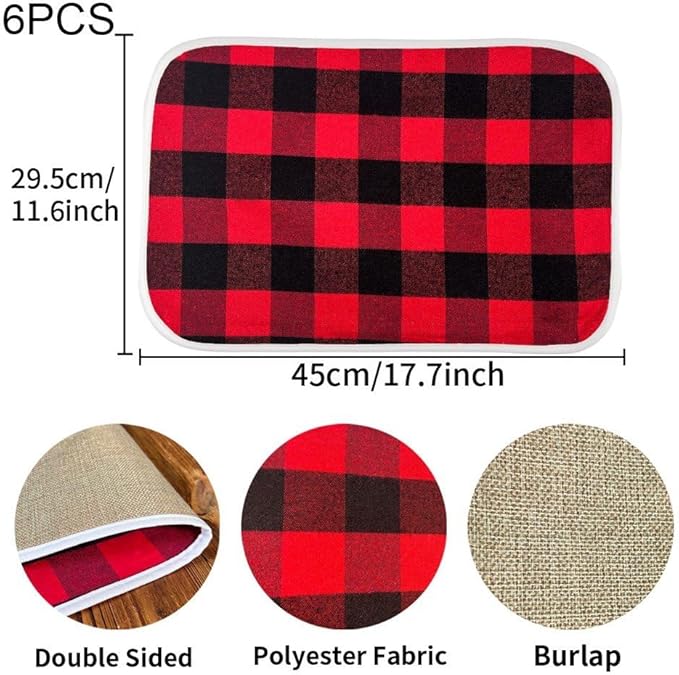 Christmas Placemats 6 Pcs Buffalo Check Placemats Red Black Plaid Reversible Place Mat for Holiday Home Table Christmas Decoration