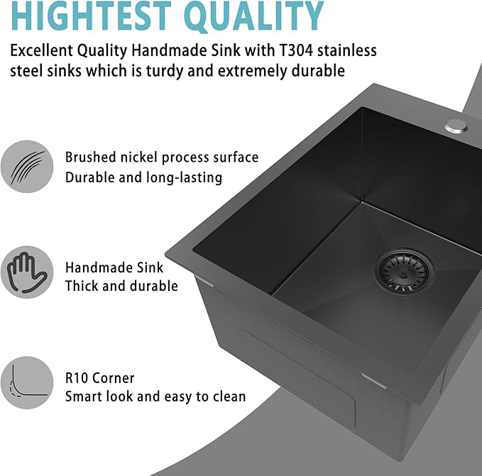 15x20 Inch Black Drop In Bar Sink, 18 Gauge T-304 Stainless Steel Single Bowl Topmount Sink with Grid & Drain, Black for Home/RV/Office