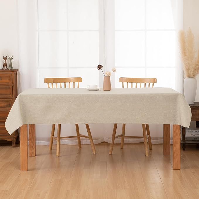 Hiasan Faux Linen Rectangle Tablecloth - Wrinkle and Stain Resistant Washable Table Cloth for Kitchen Dining Room Holiday Table Cover for Dinner, Beige, 60 x 140 Inch