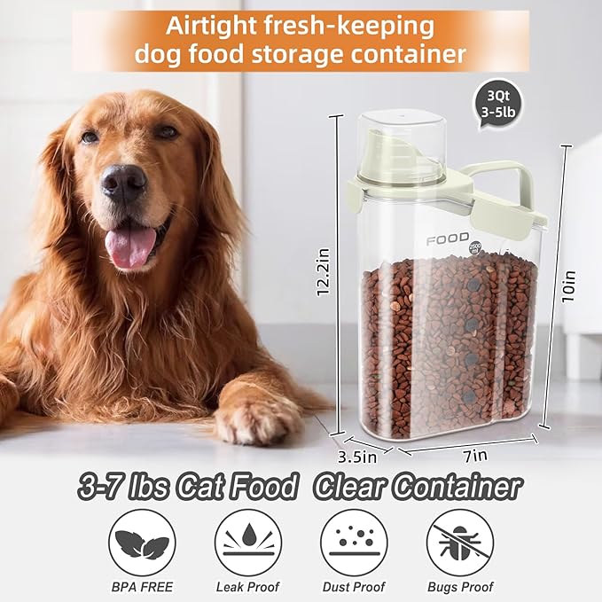 3-5 LBS Dog Food Storage Container Upgraded Large Nozzle BPA-free, Plastic Pet Food Storage Containers, With 4 Sealed Clasps, 1 Measuring Cup and Handle (2,Beige, 3L)