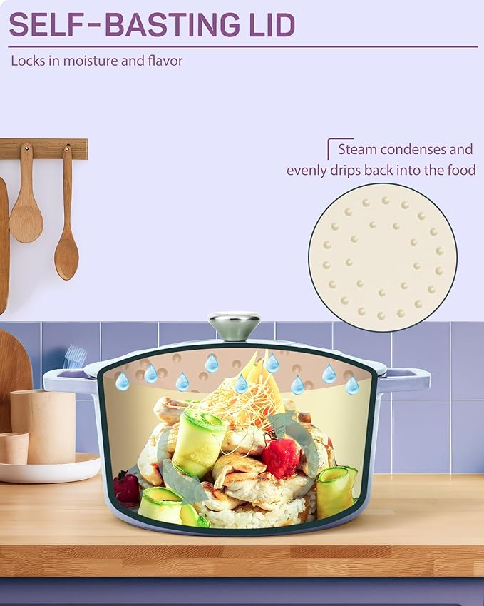 Enameled Cast Iron Dutch Oven – 6 Quart Pot with Lid & Potholders – Heavy-Duty Cookware for Bread Baking, Braising, Stews & Roasting – Oven & Stovetop Safe up to 500°F – Purple