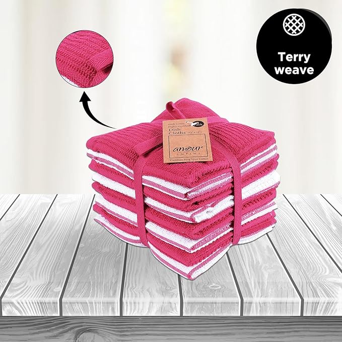 AMOUR INFINI Dish Cloths for Washing Dishes Set of 8 - Highly Absorbent, Super Soft Kitchen Dishcloths - Reusable Quick Dry Dish Rags for Cleaning & Drying Kitchen Linens (12x12 Inch - Pink)