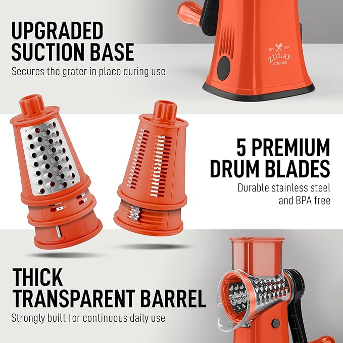 Zulay Kitchen Rotary Cheese Grater 5 Blade Cheese Shredder - Manual Hand Crank Cheese Grater With Reinforced Suction & 5 Interchangeable Drums - Easy to Use, Vegetable Chopper Round Mandoline Slicer