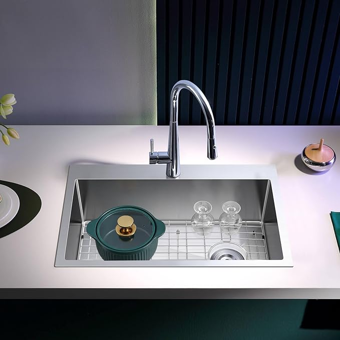 ROVOGO 24x18x9 in. Drop-in Kitchen Sink Single Bowl with Offset Drain Assembly and Bottom Grid, 304 Stainless Steel Handmade Modern Sink 1 Faucet Hole, Top Mount, Brushed