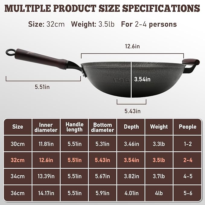 HONGJIANG Cast Iron Wok Pan with Lid, 12.6" Pre-Seasoned Flat Bottom Wok, Coating-Free Wok Stir Fry Pan, Compatible Traditional Chinese Wok for Induction, Electric, Gas, Open Fire