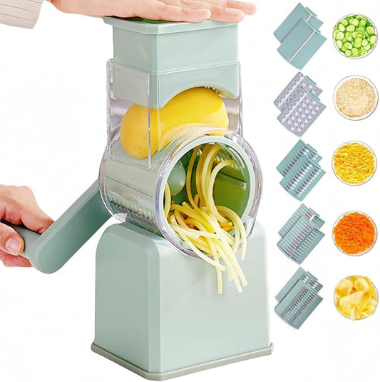 Rotary Cheese Grater with Handle,Replaceable Stainless Blades Cheese Shredder,Multi-Functional Cheese Vegetable Slicer with Storage Box,Easy to Clean Kitchen Gadgets with Storage Box (Green, 5 Blades)