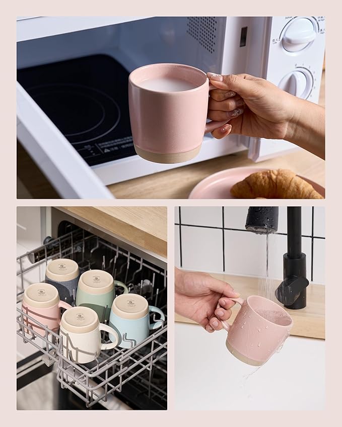 famiware Coffee Mugs Set of 6, Milkyway 13 oz Mug Set, Ceramic Cup Set with Handle for Coffee, Tea, Cocoa, Milk, Light Pink