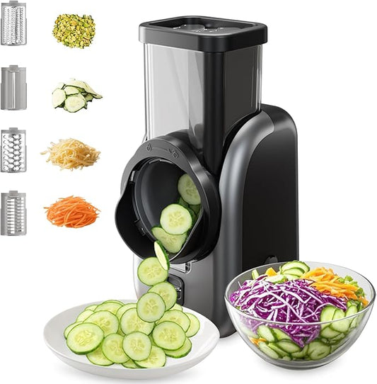 Electric Vegetable Slicer and Cheese Grater, Multifunctional Rotary Cutter with 4 Stainless Steel Blades for Potatoes Carrots Cucumbers Fruits Salad etc.