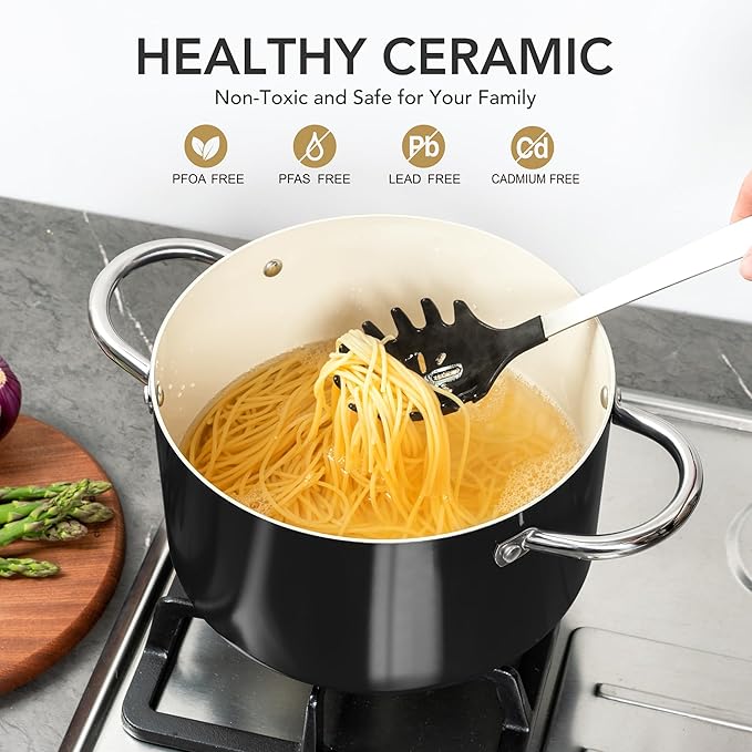 MICHELANGELO Stock Pot with Lid, 6 Quart Cooking Pot with Ceramic Coating, Nonstick Ceramic Soup Pot with Lid, Induction Compatible - 6QT Stockpot, Black