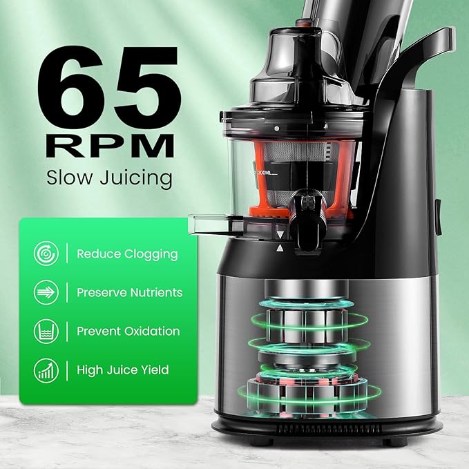Ventray Cold Press Juicer, Slow Juicer Machine with 3-inch Large Feed Chute for Whole Fruits & Vegetables, 240W Electric Masticating Juice Extractor, High Juice Yield, Easy to Clean
