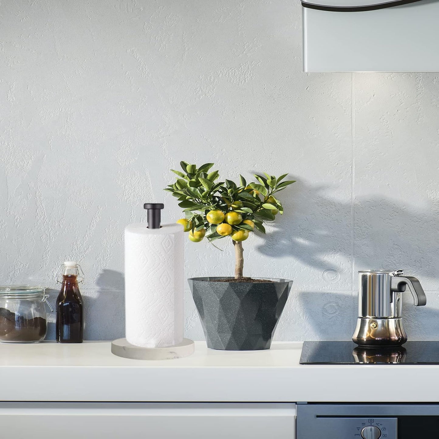 Paper Towel Holder Countertop, Standing Paper Towel Roll Holder for Kitchen Bathroom, with Weighted Marble Base for One-Handed Operation (Black), Black Paper Towel Holder, Marble