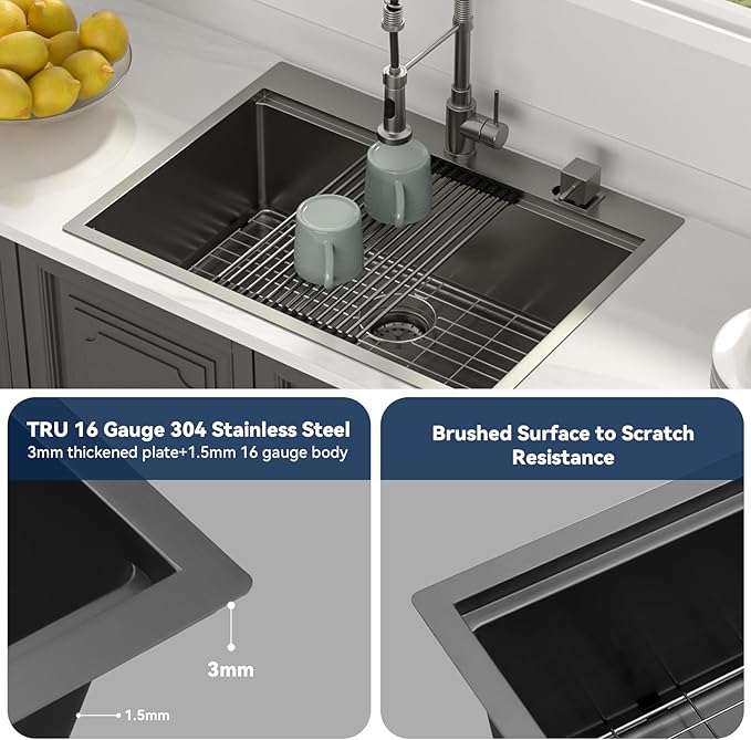 Lordear 30 Black Kitchen Sink Drop In 30 x 22 Topmount Kitchen Sinks Workstation 16 Gauge Stainless Steel Gunmetal Black Single Bowl Topmount Handmade Sink Basin with Drain Strainer