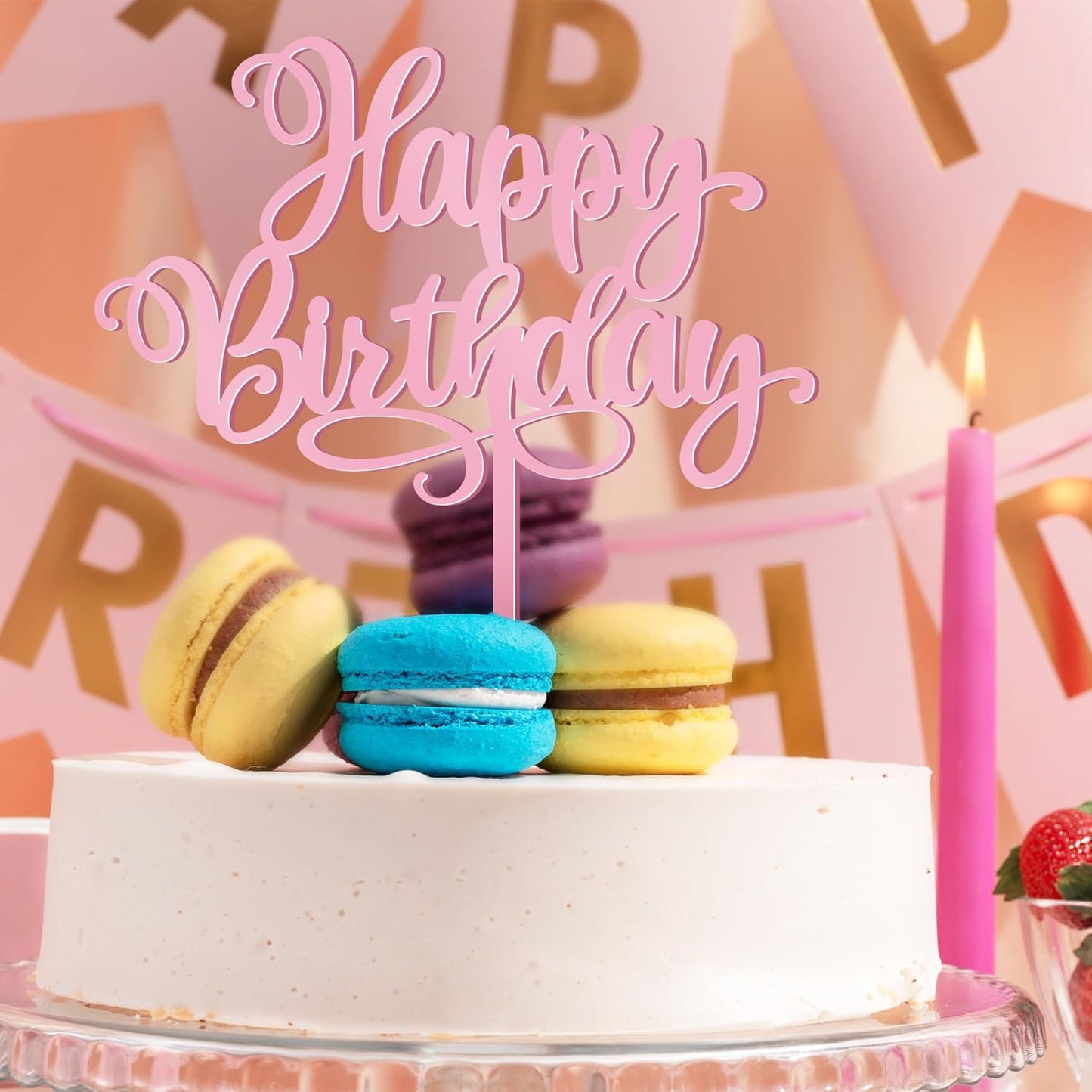 1 PCS Happy Birthday Cake Topper, 5.1 x 6.5 Inches Acrylic Cake Topper, Elegant Pink Happy Birthday Cake Sign, Birthday Cake Decorations for Adult, Kids, DIY Dessert Supplies