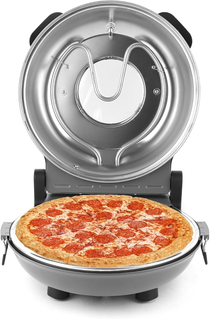 KLAIF 12" Electric Countertop Pizza Oven With Ceramic Stone, Dual Adjustable Temperature Controls, Includes 4 Pizza Tools (Grey)