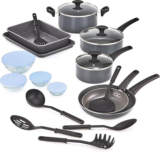 BELLA Nonstick Cookware Set with Glass Lids - Aluminum Bakeware, Pots and Pans, Storage Bowls & Utensils, Compatible with All Stovetops, 21 Piece, Black