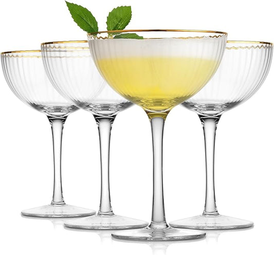 Premium Cheerfull Fluted Coupe Glasses, 10.7 oz Vintage Gold Rim, Hand-Blown Fine Glass – Elegant Barware for Cocktails, Parties & Home Entertaining (4)