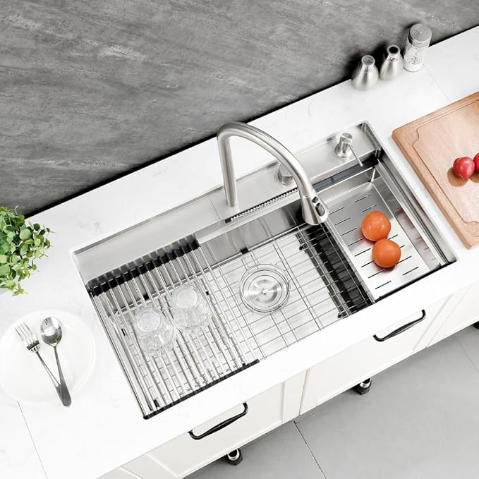 33 Inch Undermount Waterfall Kitchen Sink Workstation, 33x19 Undermount Kitchen Sink Stainless Steel Waterfall 16 Gauge Single Bowl Sinks and Faucet Combo