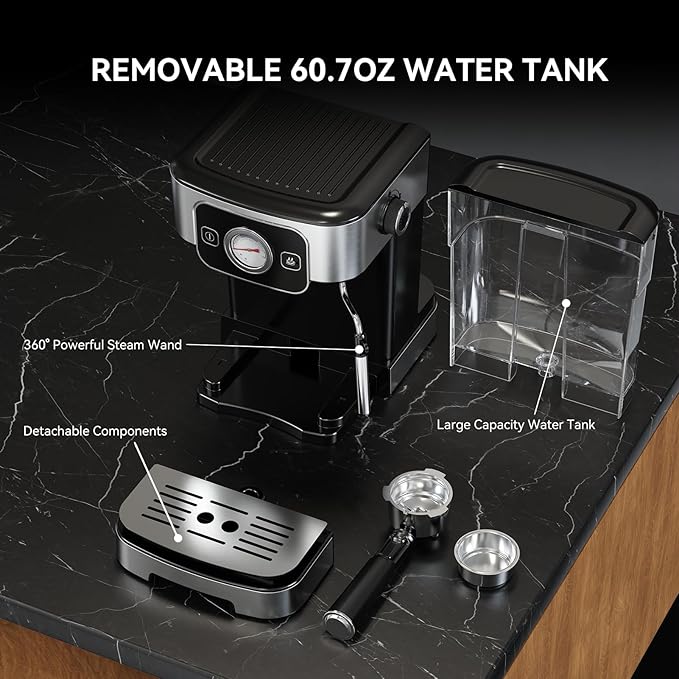 Espresso Machine 20 Bar with Steam Milk Frother, Stainless Steel Coffee Machine with Removable Water Tank for Cappuccino,Latte, Compact Stainless Steel Coffee maker for home,Great Gift
