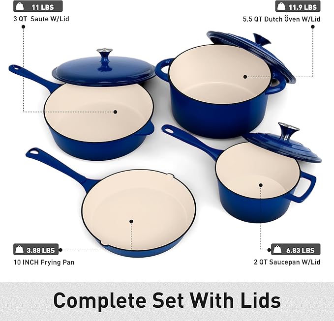 MAISON ARTS Enamel Cast Iron 7 Piece Cookware Set, Dutch Oven Pot with Lid, Blue Non Stick Pots and Pans set, Oven Safe up to 500°F