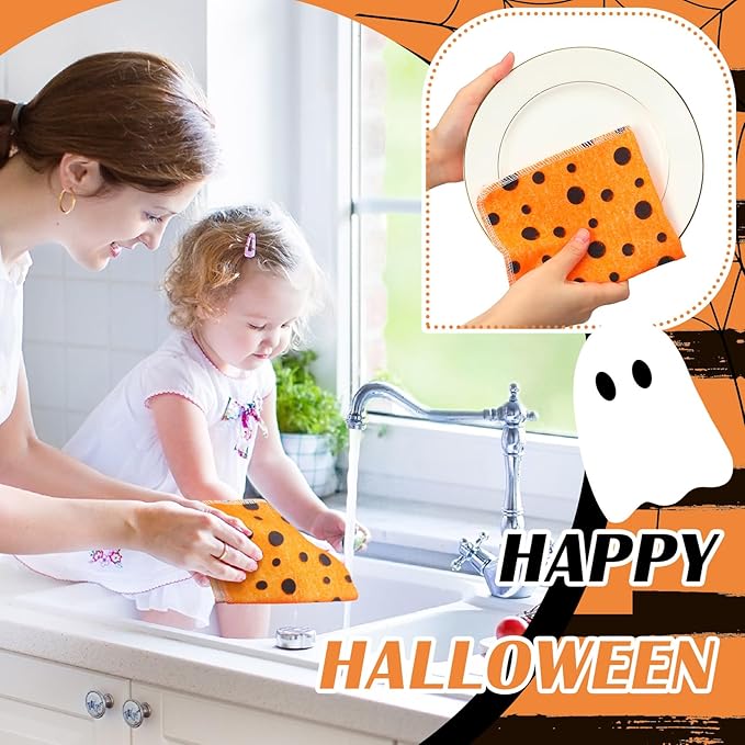 36 Pcs Halloween Reusable Paper Towels Rolls Washable Bulk Halloween Boo Ghost Pumpkin Kitchen Dish Towels Paperless Reusable Cloth Cotton Napkins with Cardboard for Kitchen Bathroom