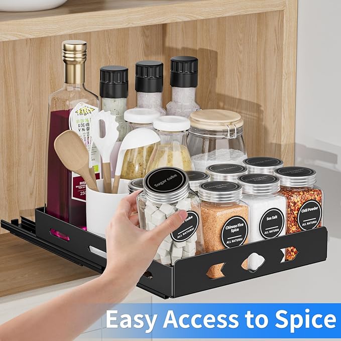 Pull Out Spice Rack, Heavy Duty Spice Rack Organizer, 1 Tier Spice Organization for Cabinet, Vertical Spice Rack for Kitchen, Cabinet, Pantry (8.4''Wx10.5''Dx2.8''H, Metal Black)