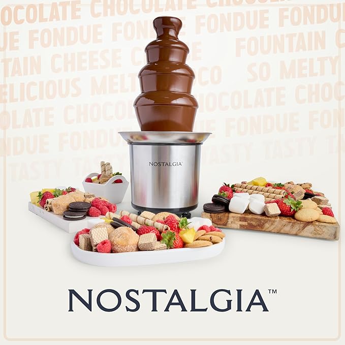 Nostalgia 4 Tier Electric Chocolate Fondue Fountain Machine for Parties - Melts Cheese, Queso, Candy, and Liqueur - Dip Strawberries, Apple Wedges, Vegetables, and More - 32-Ounce - Stainless Steel